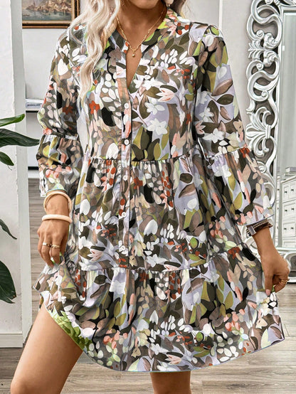 Women’s Floral Print Tiered Mini Dress | V-Neck Button Front Long Sleeve Casual & Party Wear Dress