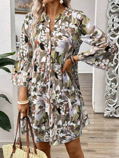 Women’s Floral Print Tiered Mini Dress | V-Neck Button Front Long Sleeve Casual & Party Wear Dress