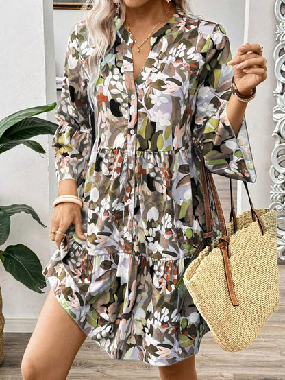 Women’s Floral Print Tiered Mini Dress | V-Neck Button Front Long Sleeve Casual & Party Wear Dress