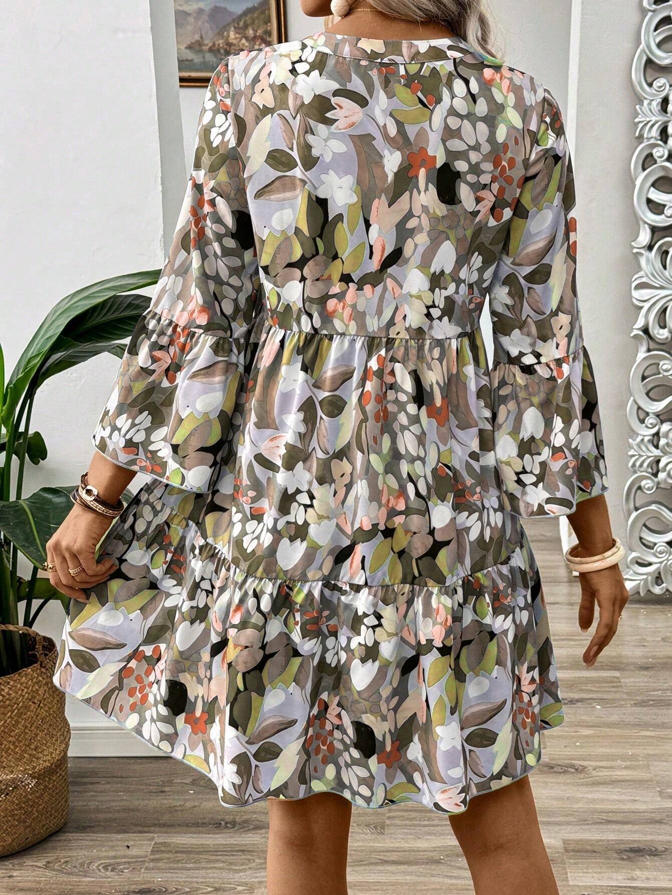 Women’s Floral Print Tiered Mini Dress | V-Neck Button Front Long Sleeve Casual & Party Wear Dress