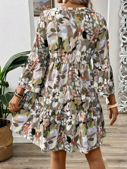 Women’s Floral Print Tiered Mini Dress | V-Neck Button Front Long Sleeve Casual & Party Wear Dress