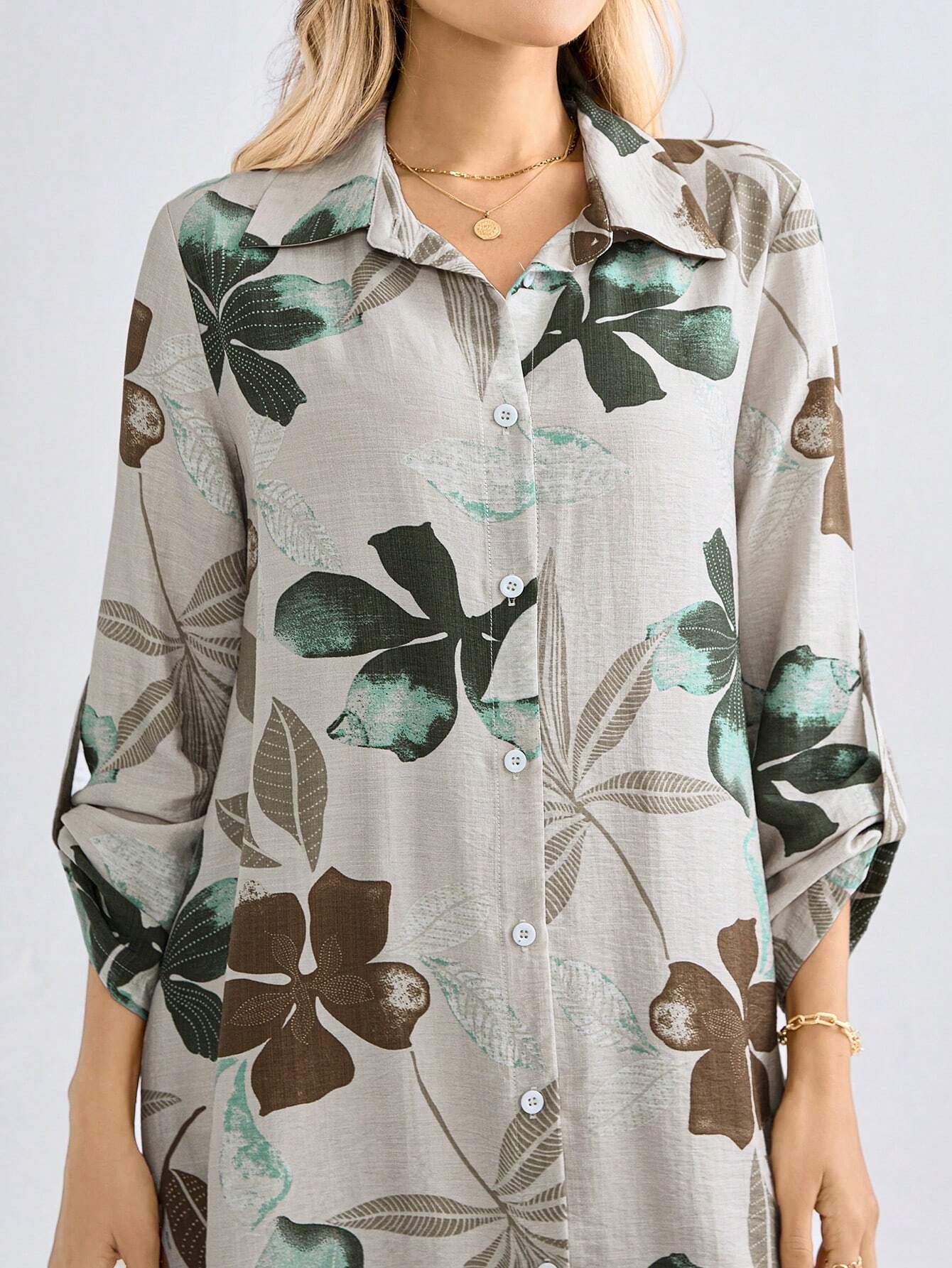 Women’s Floral Print Shirt Dress | Button Down Collared Long Sleeve Casual Knee-Length Dress