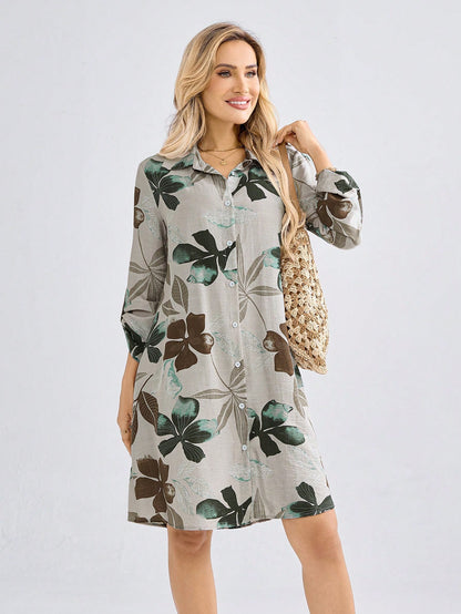 Women’s Floral Print Shirt Dress | Button Down Collared Long Sleeve Casual Knee-Length Dress