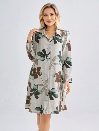 Women’s Floral Print Shirt Dress | Button Down Collared Long Sleeve Casual Knee-Length Dress