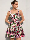 Women’s Floral Print Sleeveless Mini Dress | Square Neck Fit & Flare Summer Dress with Waist Belt