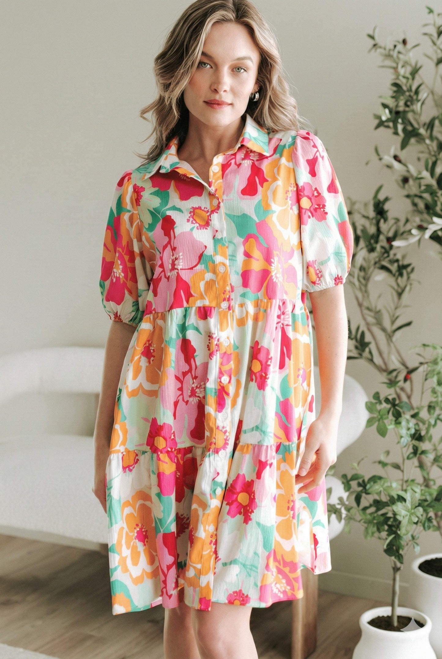 Bollyclues Women’s Multicolor Floral Printed Tiered Mini Dress with Puff Sleeves