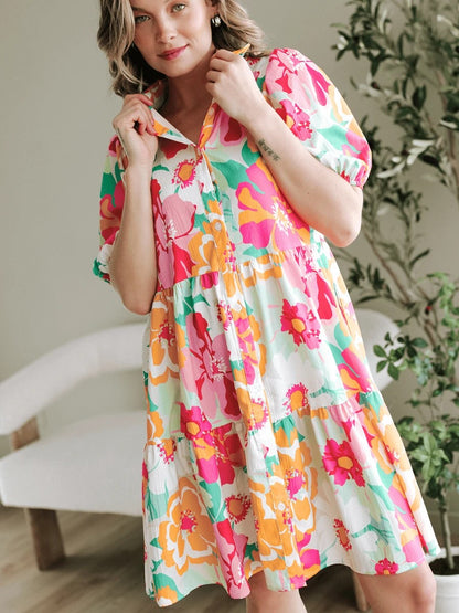 Bollyclues Women’s Multicolor Floral Printed Tiered Mini Dress with Puff Sleeves