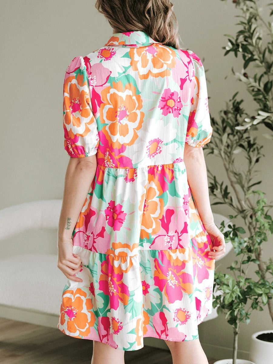 Bollyclues Women’s Multicolor Floral Printed Tiered Mini Dress with Puff Sleeves