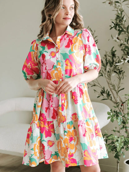 Bollyclues Women’s Multicolor Floral Printed Tiered Mini Dress with Puff Sleeves