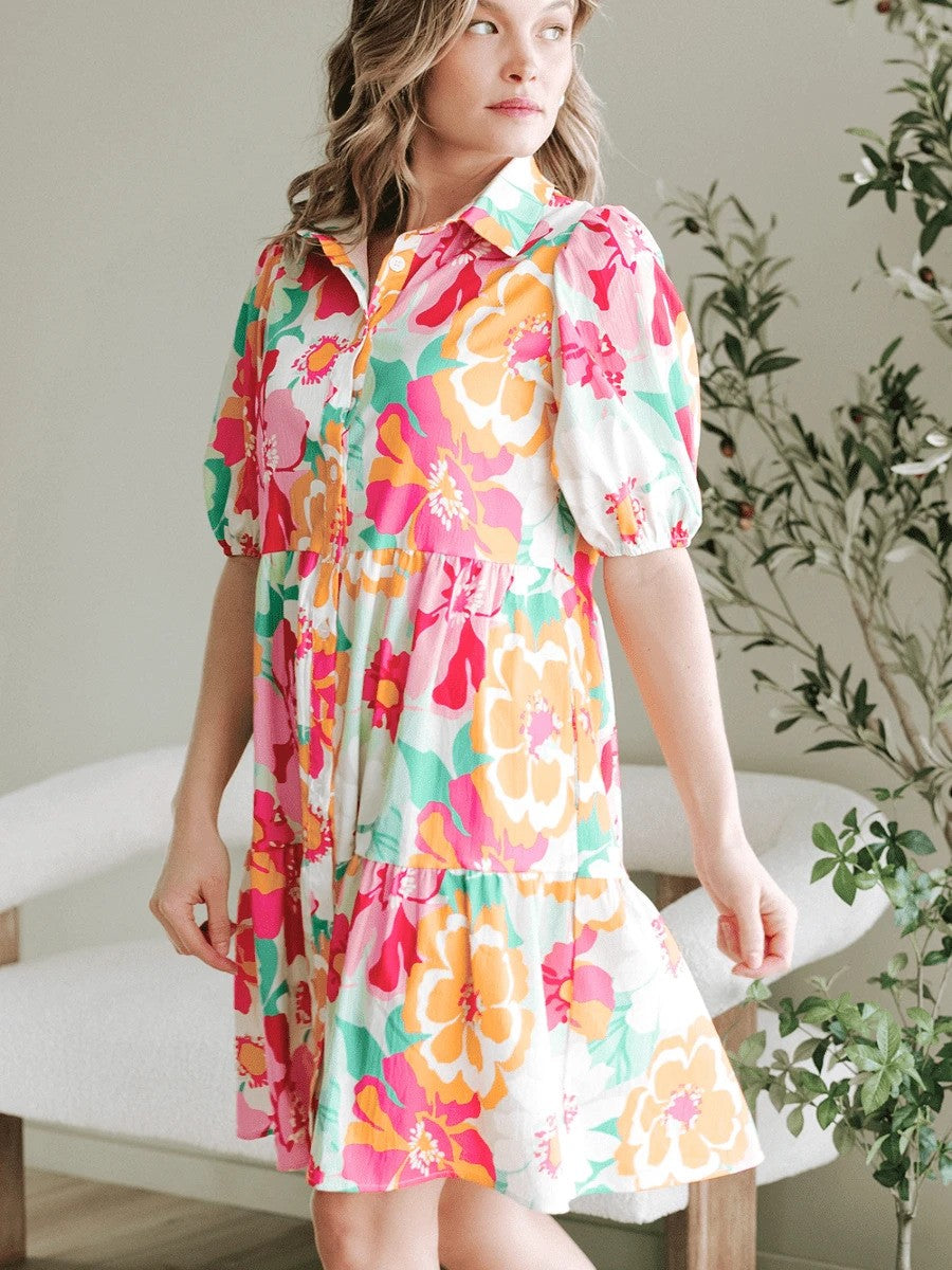Bollyclues Women’s Multicolor Floral Printed Tiered Mini Dress with Puff Sleeves