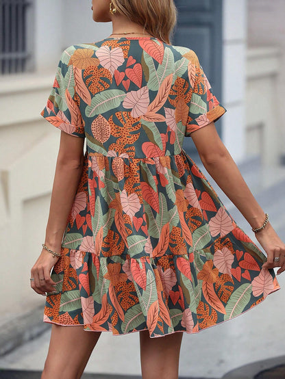 Women’s Tropical Leaf Print Mini Dress | V-Neck Short Sleeve Fit & Flare Casual Summer Dress