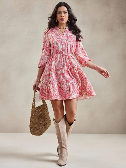 Women’s Pink Paisley Print Mini Dress | V-Neck 3/4 Sleeve Tie-Waist Fit & Flare Casual Dress