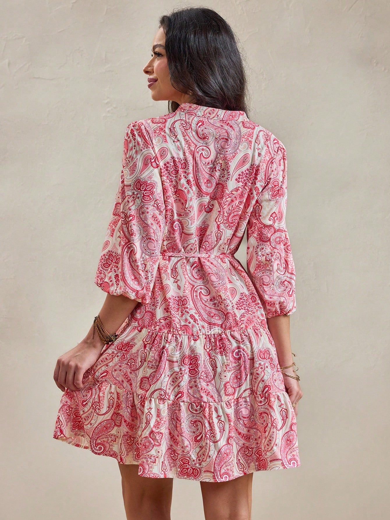 Women’s Pink Paisley Print Mini Dress | V-Neck 3/4 Sleeve Tie-Waist Fit & Flare Casual Dress