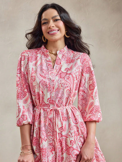 Women’s Pink Paisley Print Mini Dress | V-Neck 3/4 Sleeve Tie-Waist Fit & Flare Casual Dress