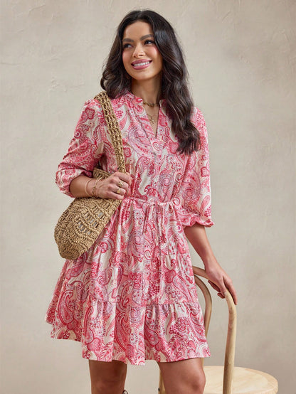 Women’s Pink Paisley Print Mini Dress | V-Neck 3/4 Sleeve Tie-Waist Fit & Flare Casual Dress