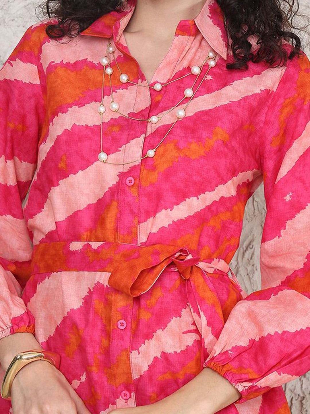 Women’s Pink Abstract Print Shirt Dress | Button Down Long Sleeve Tie-Waist Mini Dress for Casual & Party Wear