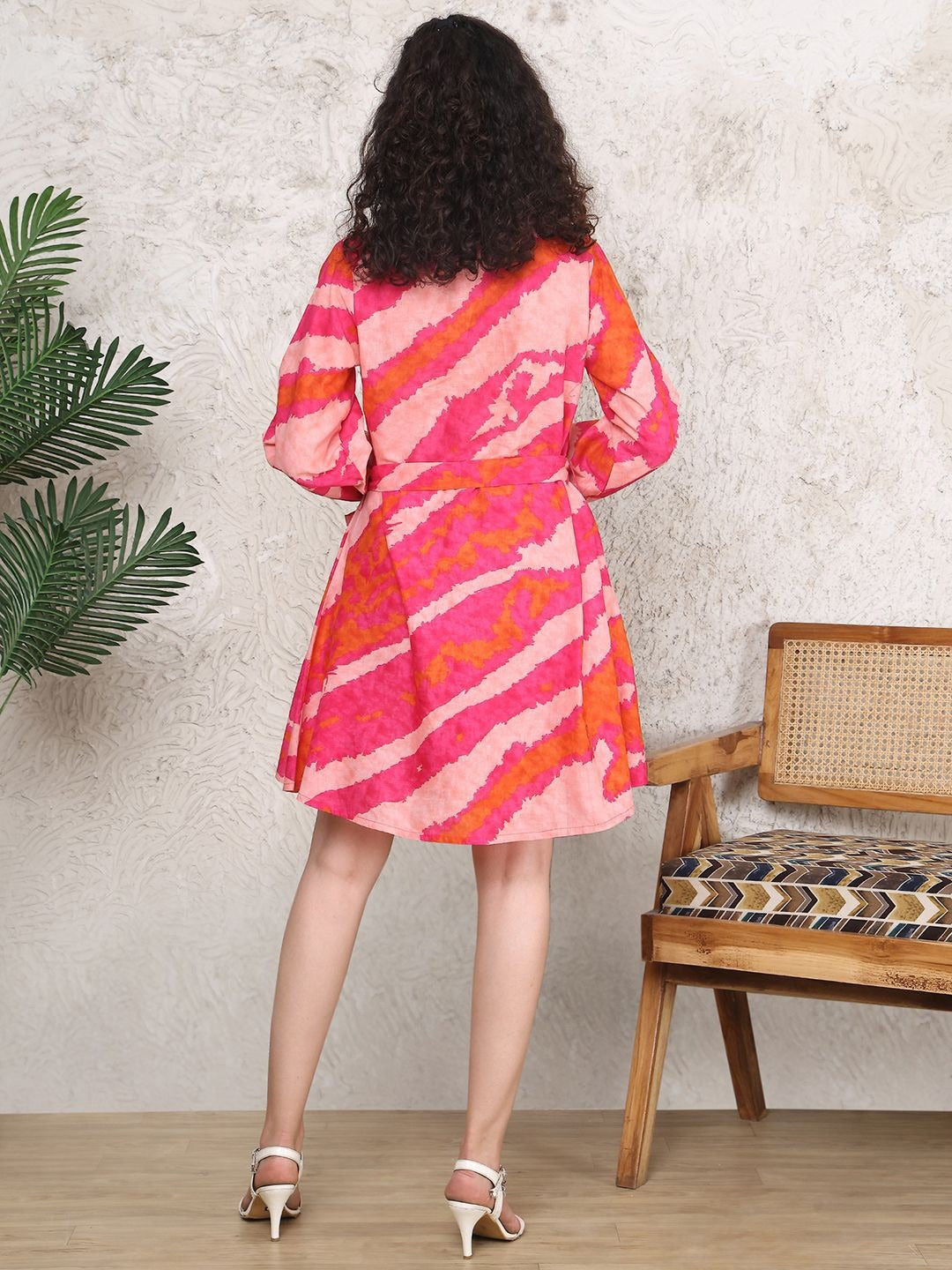 Women’s Pink Abstract Print Shirt Dress | Button Down Long Sleeve Tie-Waist Mini Dress for Casual & Party Wear