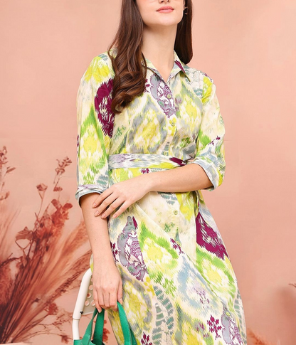 Women’s Multicolor Printed Shirt Midi Dress | Button Down 3/4 Sleeve Tie-Waist Casual & Office Wear Dress