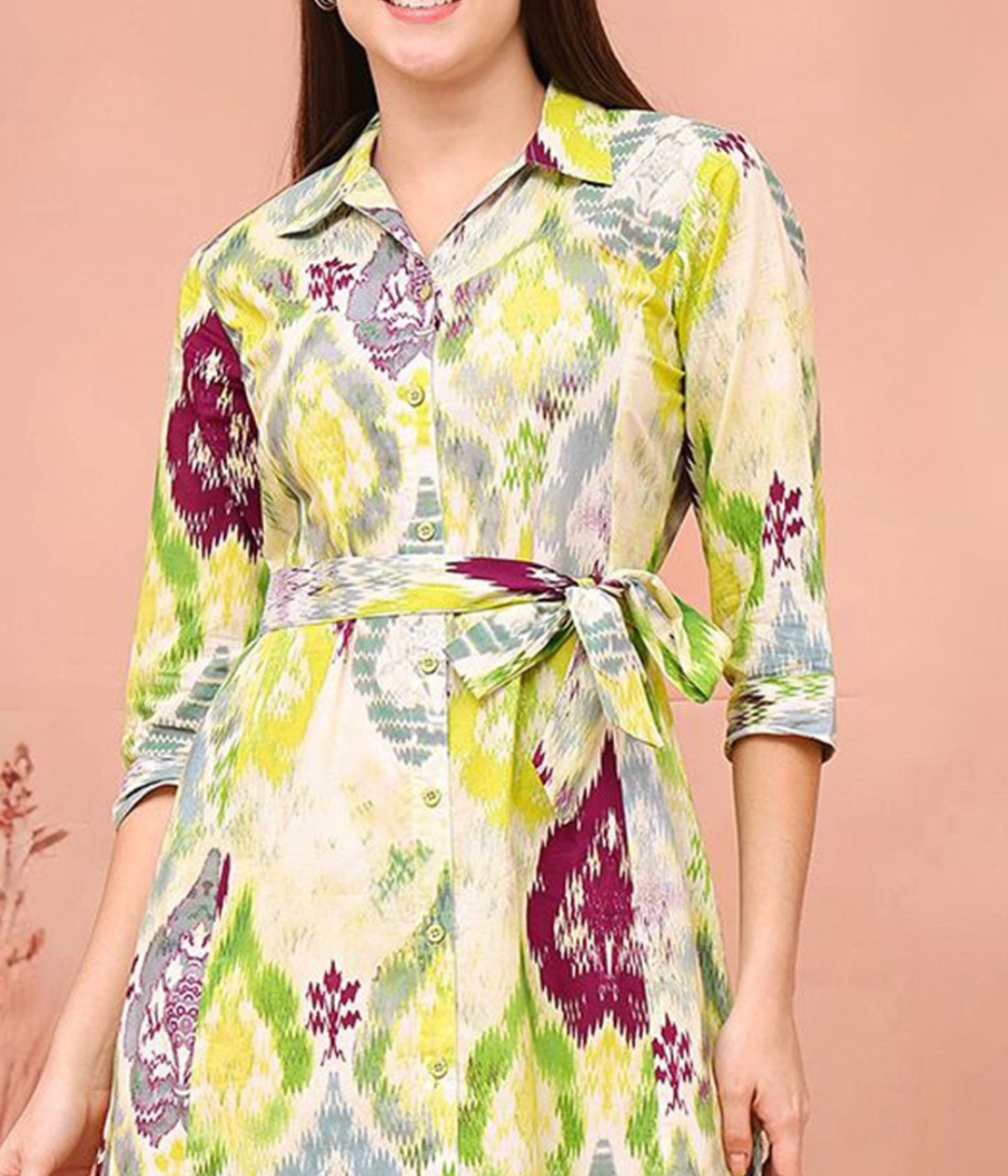 Women’s Multicolor Printed Shirt Midi Dress | Button Down 3/4 Sleeve Tie-Waist Casual & Office Wear Dress
