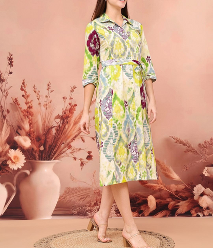 Women’s Multicolor Printed Shirt Midi Dress | Button Down 3/4 Sleeve Tie-Waist Casual & Office Wear Dress