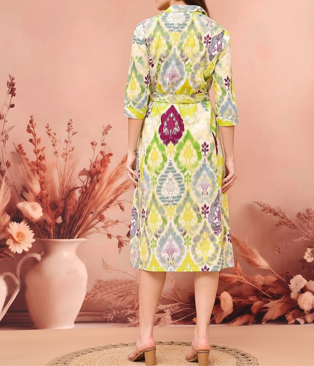 Women’s Multicolor Printed Shirt Midi Dress | Button Down 3/4 Sleeve Tie-Waist Casual & Office Wear Dress