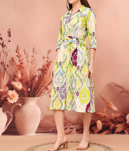 Women’s Multicolor Printed Shirt Midi Dress | Button Down 3/4 Sleeve Tie-Waist Casual & Office Wear Dress