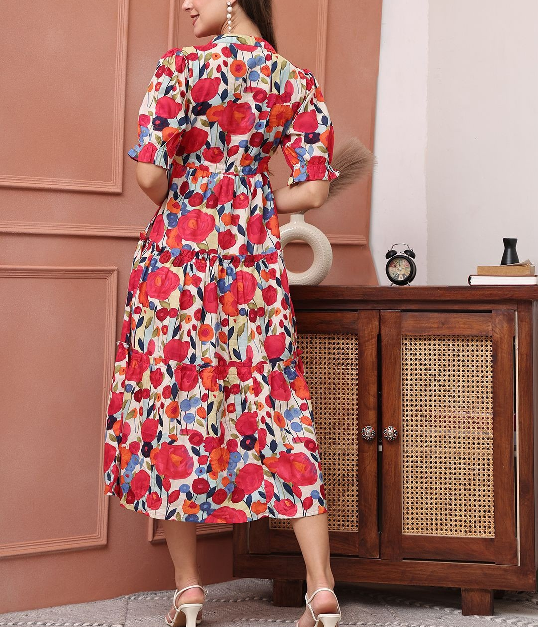 Women’s Multicolor Floral Print Tiered Midi Dress | Puff Sleeve Fit & Flare Casual & Party Wear Dress