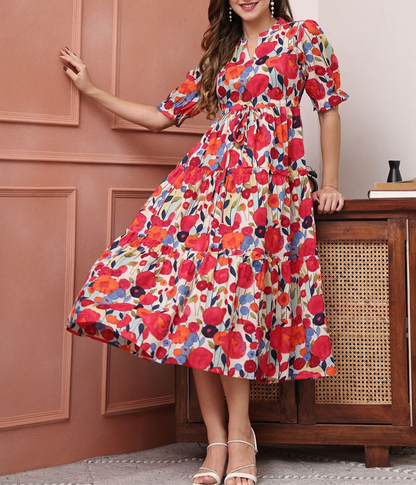 Women’s Multicolor Floral Print Tiered Midi Dress | Puff Sleeve Fit & Flare Casual & Party Wear Dress