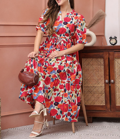 Women’s Multicolor Floral Print Tiered Midi Dress | Puff Sleeve Fit & Flare Casual & Party Wear Dress