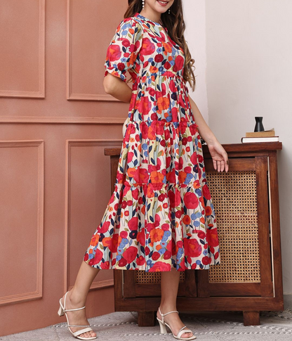 Women’s Multicolor Floral Print Tiered Midi Dress | Puff Sleeve Fit & Flare Casual & Party Wear Dress