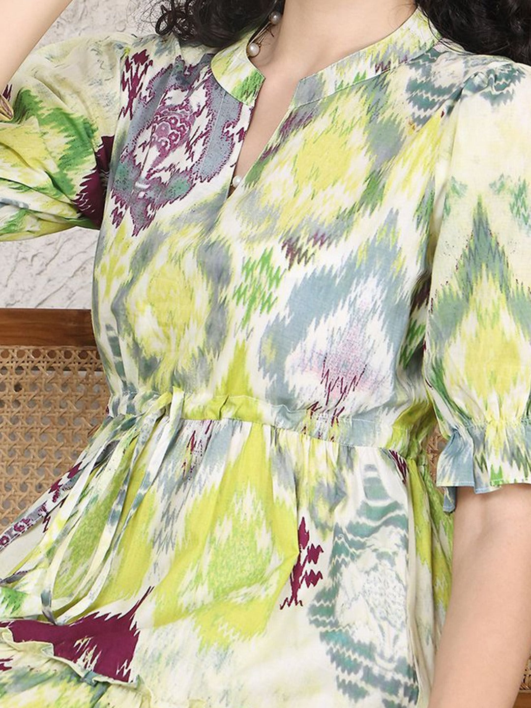 Women’s Printed Tiered Midi Dress | V-Neck Short Sleeve Tie-Waist Casual & Office Wear Dress