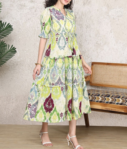 Women’s Printed Tiered Midi Dress | V-Neck Short Sleeve Tie-Waist Casual & Office Wear Dress