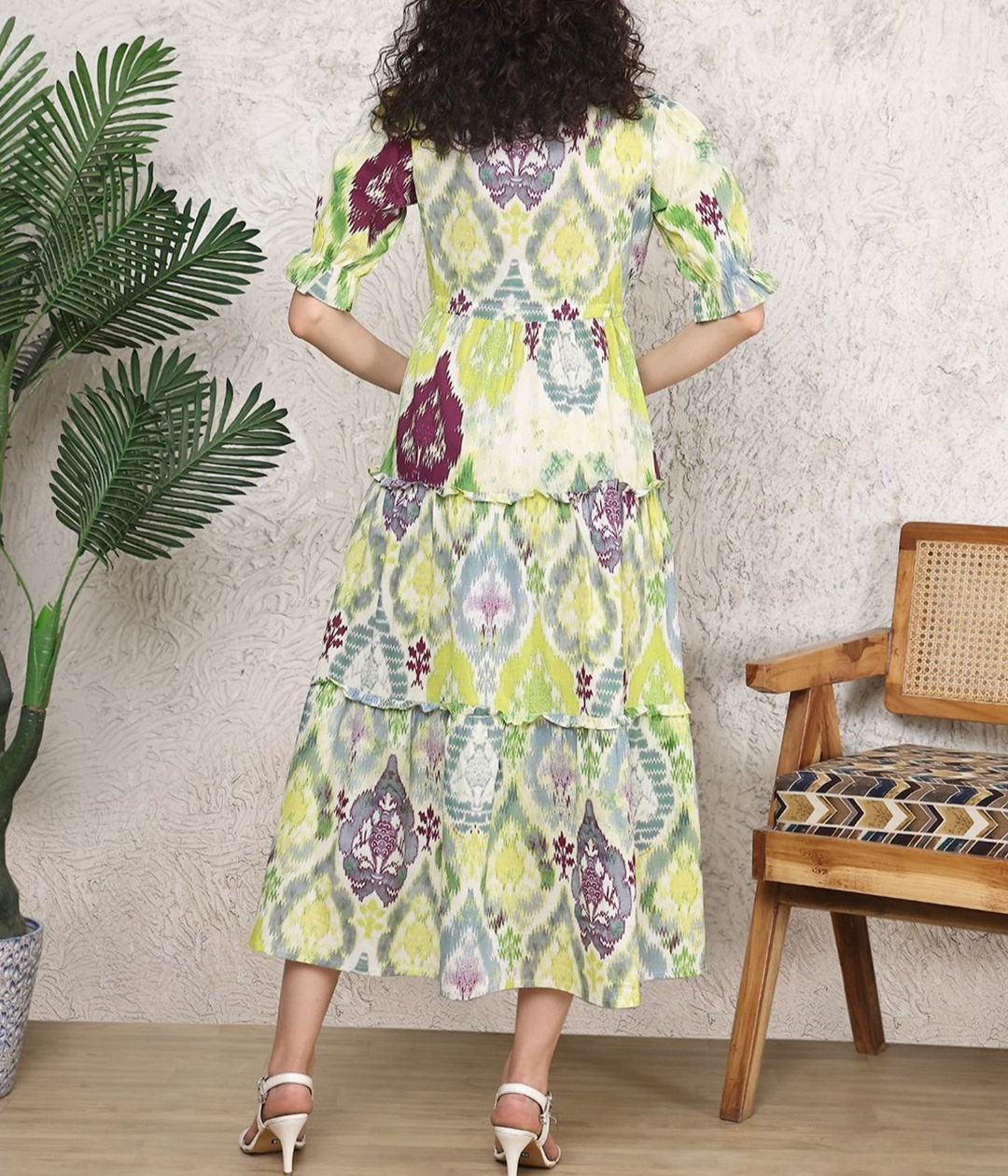 Women’s Printed Tiered Midi Dress | V-Neck Short Sleeve Tie-Waist Casual & Office Wear Dress