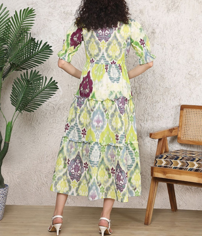 Women’s Printed Tiered Midi Dress | V-Neck Short Sleeve Tie-Waist Casual & Office Wear Dress