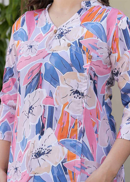 Bollyclues Women's Floral Printed Co-Ord Set | Soft Cotton Kurti Style Top & Comfortable Pajama | Elegant Ladies Nightwear | Breathable Sleepwear & Stylish Loungewear Set for Home Wear