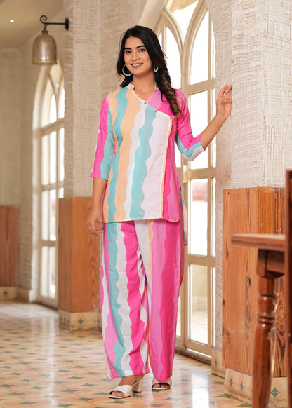 Bollyclues Women's Printed Co-Ord  Set | Soft Cotton Kurti Style Top & Pajama | Trendy Multicolor Ladies Nightwear | Breathable Sleepwear & Comfortable Loungewear Set for Home Wear