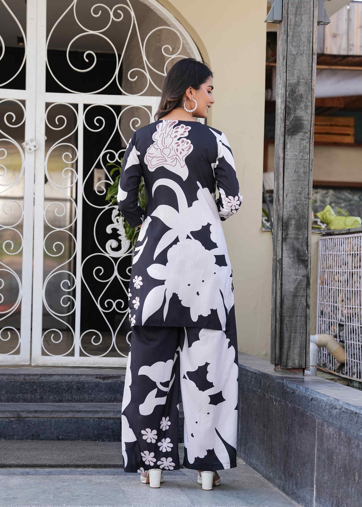 Women Black & White Printed Co-Ord Set | Soft Cotton Kurti Style Top & Pajama | Elegant Ladies Nightwear | Breathable Sleepwear & Comfortable Loungewear Set for Home Wear