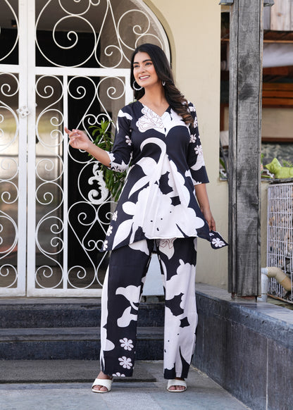 Women Black & White Printed Co-Ord Set | Soft Cotton Kurti Style Top & Pajama | Elegant Ladies Nightwear | Breathable Sleepwear & Comfortable Loungewear Set for Home Wear