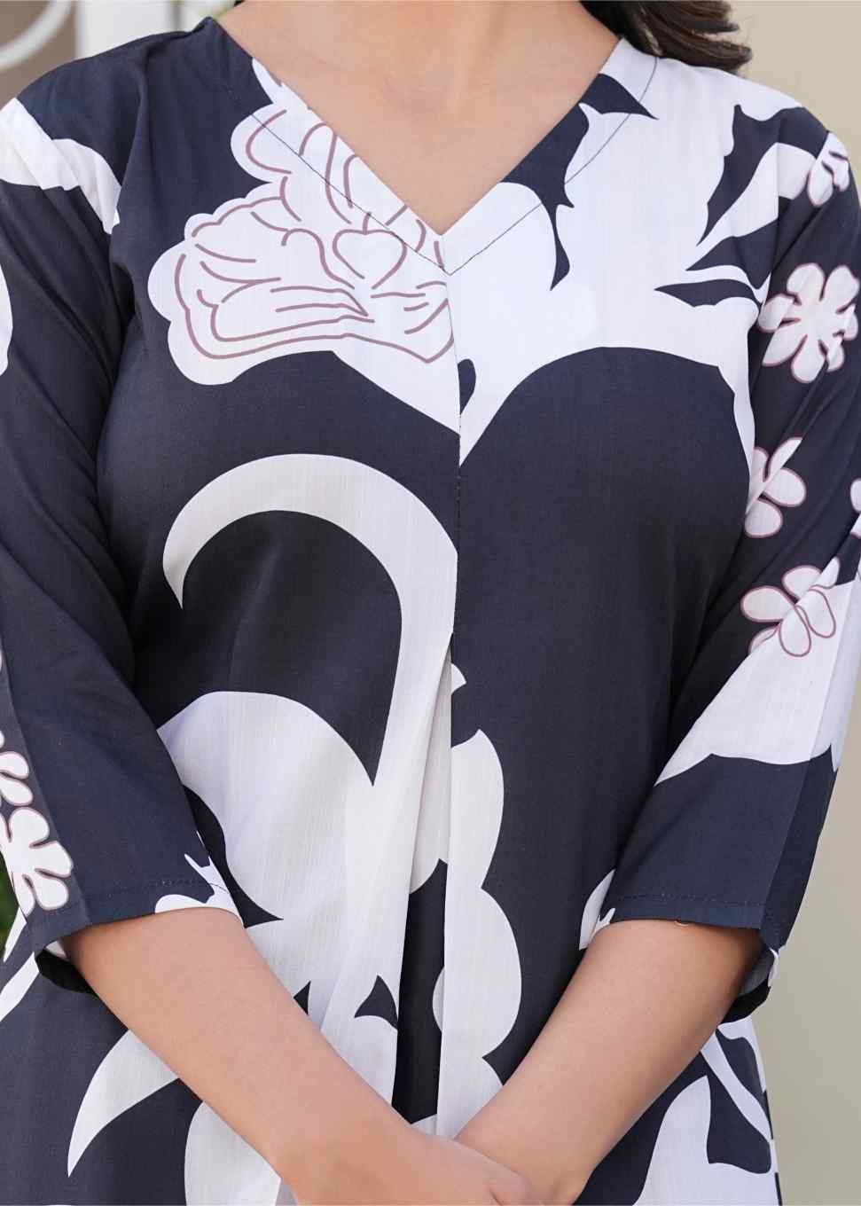 Women Black & White Printed Co-Ord Set | Soft Cotton Kurti Style Top & Pajama | Elegant Ladies Nightwear | Breathable Sleepwear & Comfortable Loungewear Set for Home Wear