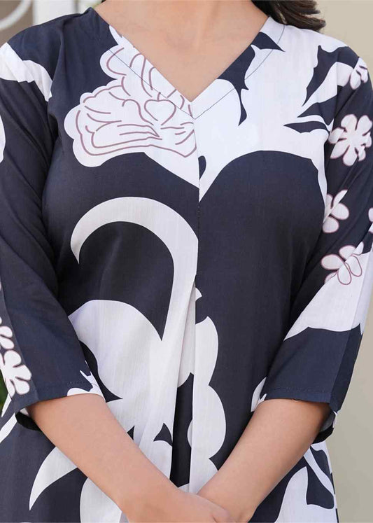 Women Black & White Printed Co-Ord Set | Soft Cotton Kurti Style Top & Pajama | Elegant Ladies Nightwear | Breathable Sleepwear & Comfortable Loungewear Set for Home Wear