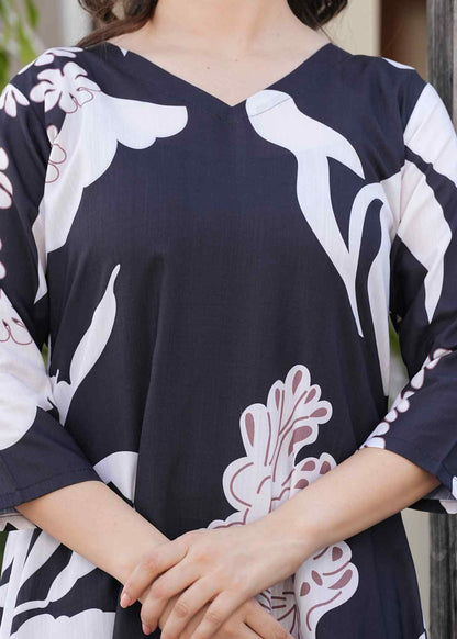 Women Black & White Printed Co-Ord Set | Soft Cotton Kurti Style Top & Pajama | Elegant Ladies Nightwear | Breathable Sleepwear & Comfortable Loungewear Set for Home Wear