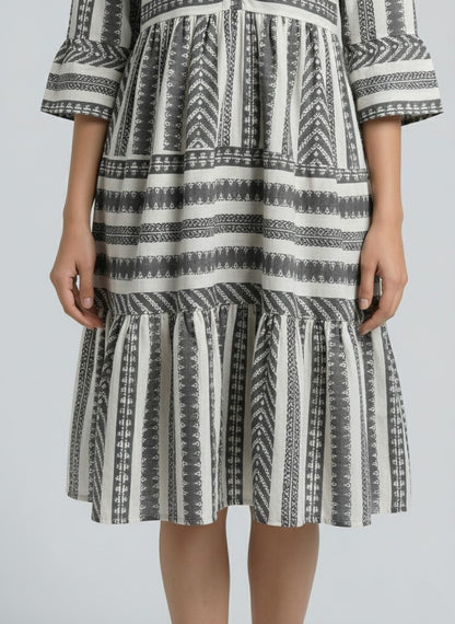 Women’s Black & White Printed Tiered Midi Dress | Mandarin Collar 3/4 Sleeve Casual & Office Wear Dress