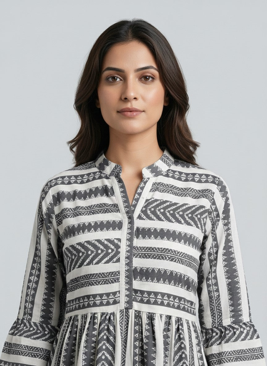 Women’s Black & White Printed Tiered Midi Dress | Mandarin Collar 3/4 Sleeve Casual & Office Wear Dress