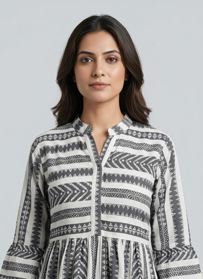 Women’s Black & White Printed Tiered Midi Dress | Mandarin Collar 3/4 Sleeve Casual & Office Wear Dress