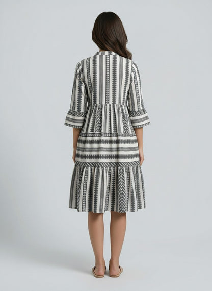 Women’s Black & White Printed Tiered Midi Dress | Mandarin Collar 3/4 Sleeve Casual & Office Wear Dress