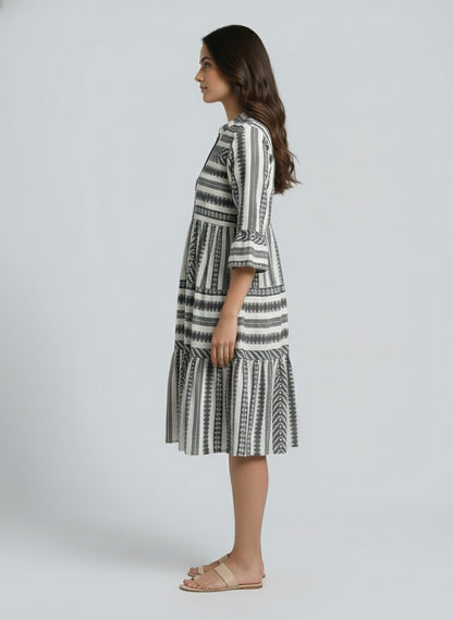 Women’s Black & White Printed Tiered Midi Dress | Mandarin Collar 3/4 Sleeve Casual & Office Wear Dress