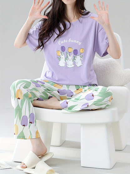 Bollyclues Women’s Cute Bunny Printed Nightwear Pajama Set | Soft Cotton T-Shirt & Floral Lounge Pants