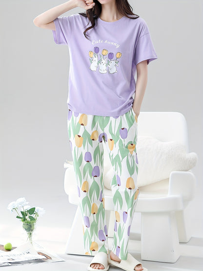 Bollyclues Women’s Cute Bunny Printed Nightwear Pajama Set | Soft Cotton T-Shirt & Floral Lounge Pants
