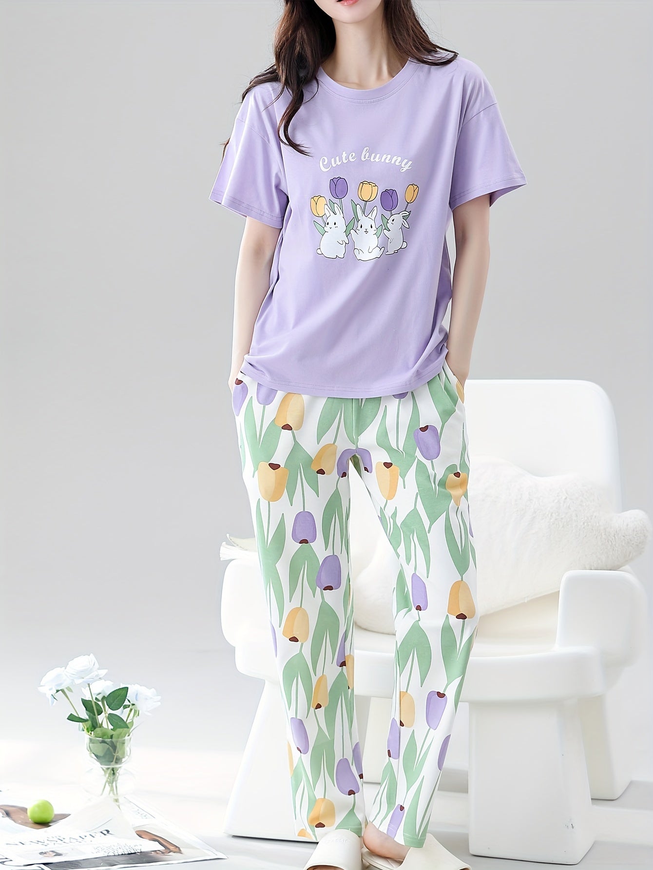 Bollyclues Women’s Cute Bunny Printed Nightwear Pajama Set | Soft Cotton T-Shirt & Floral Lounge Pants