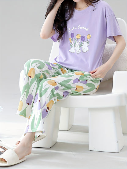 Bollyclues Women’s Cute Bunny Printed Nightwear Pajama Set | Soft Cotton T-Shirt & Floral Lounge Pants